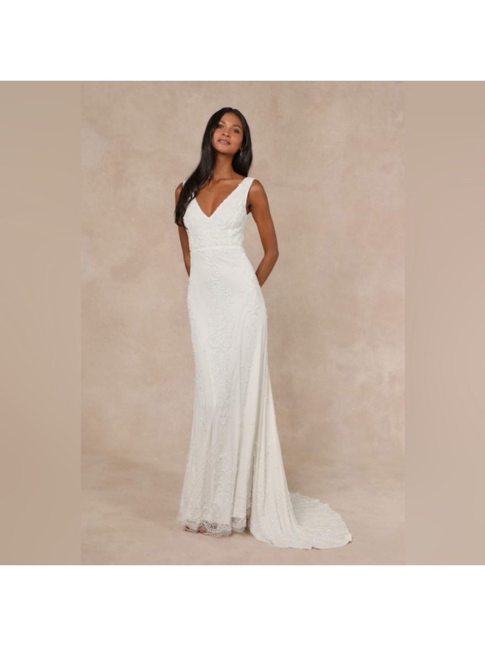 Lulu's Passionate Romance White Beaded Lace Mermaid Wedding Gown